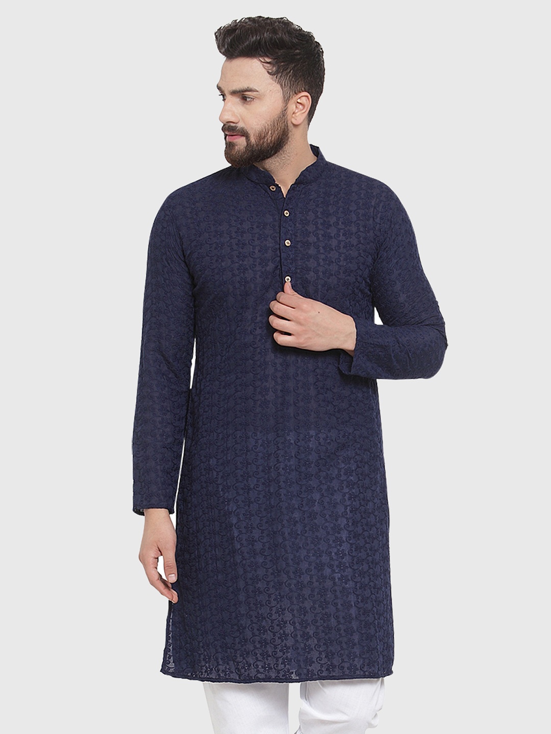 

TREEMODA Floral Embroidered Mandarin Collar Cotton Straight Kurta, Navy blue