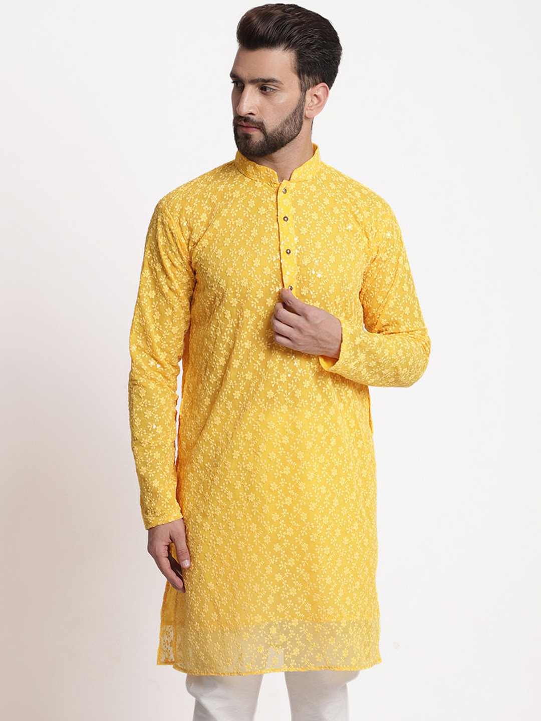 

TREEMODA Floral Embroidered Mandarin Collar Cotton Straight Kurta, Yellow