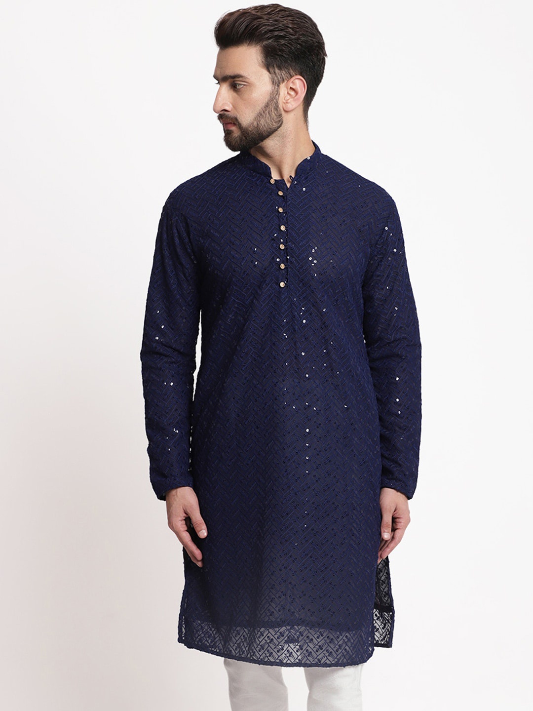 

TREEMODA Ethnic Embroidered Mandarin Collar Cotton Straight Kurta, Navy blue