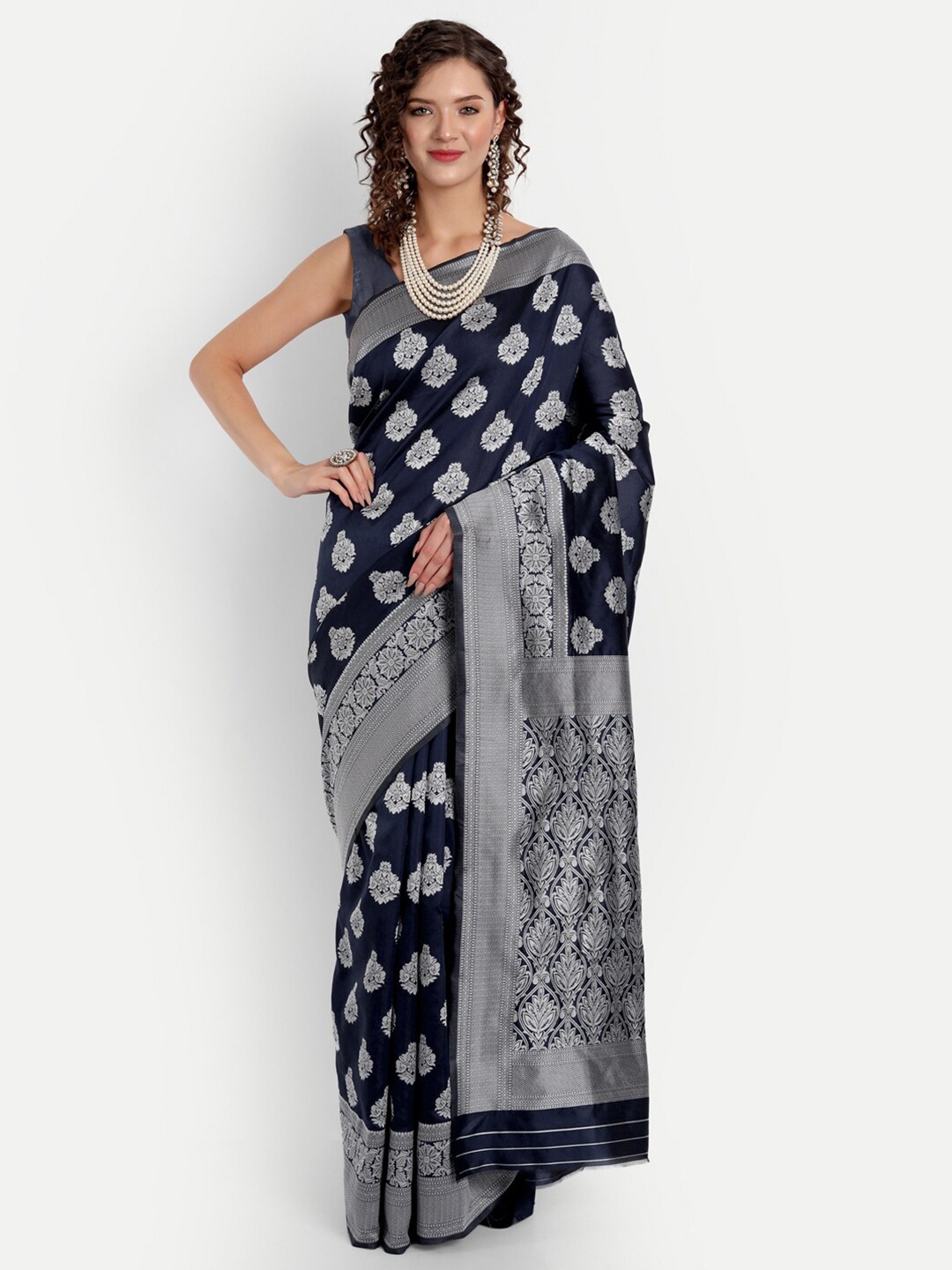 

ASPORA Ethnic Motif Woven Design Zari Kanjeevaram Saree, Navy blue