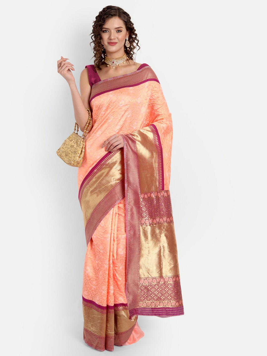 

ASPORA Ethnic Motifs Woven Design Zari Banarasi Saree, Peach