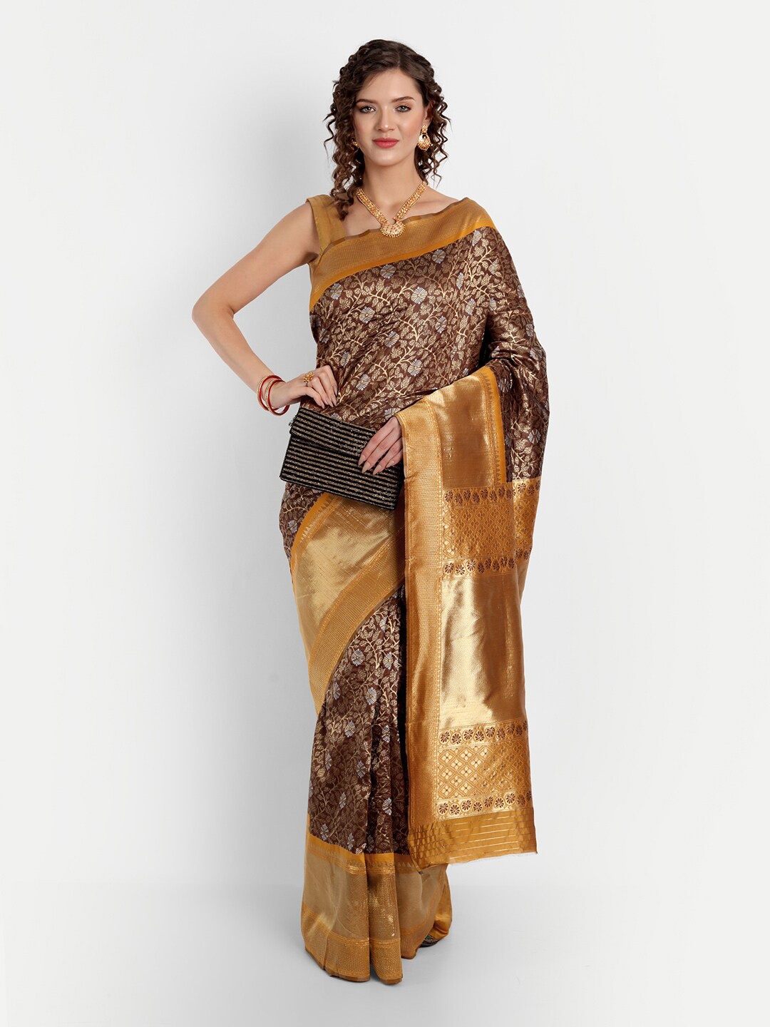 

ASPORA Ethnic Motif Woven Design Zari Kanjeevaram Saree, Brown