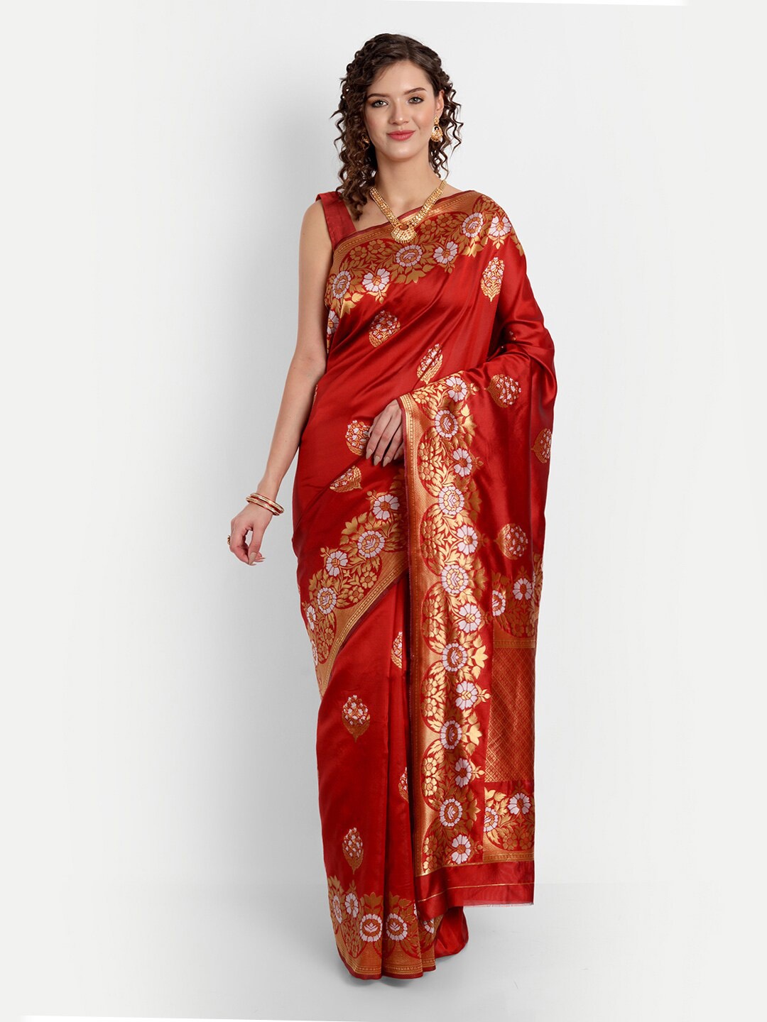 

ASPORA Floral Woven Design Zari Silk Blend Banarasi Saree, Red