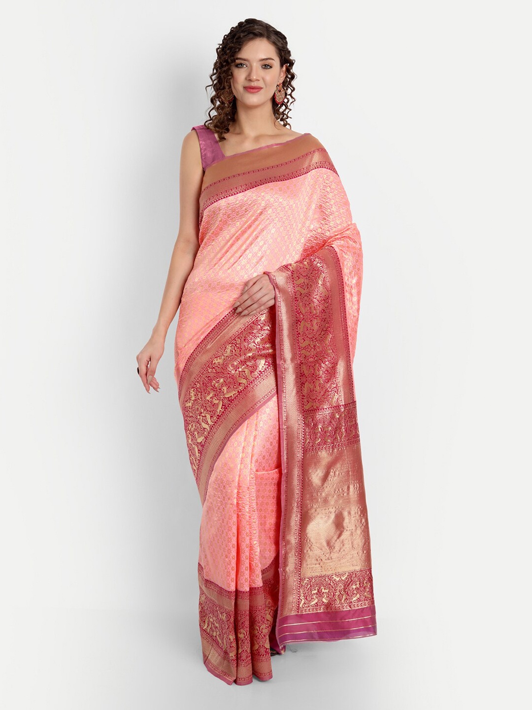 

ASPORA Ethnic Motifs Woven Design Zari Banarasi Saree, Peach