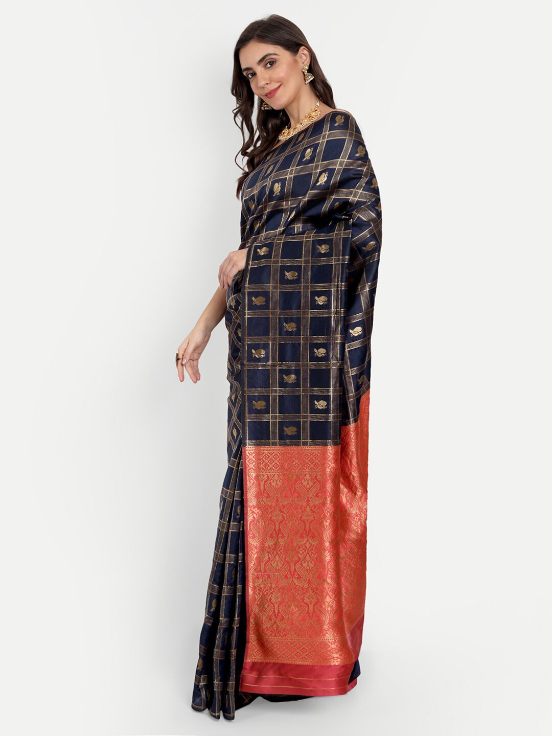 

ASPORA Checked Woven Design Zari Kanjeevaram Saree, Navy blue