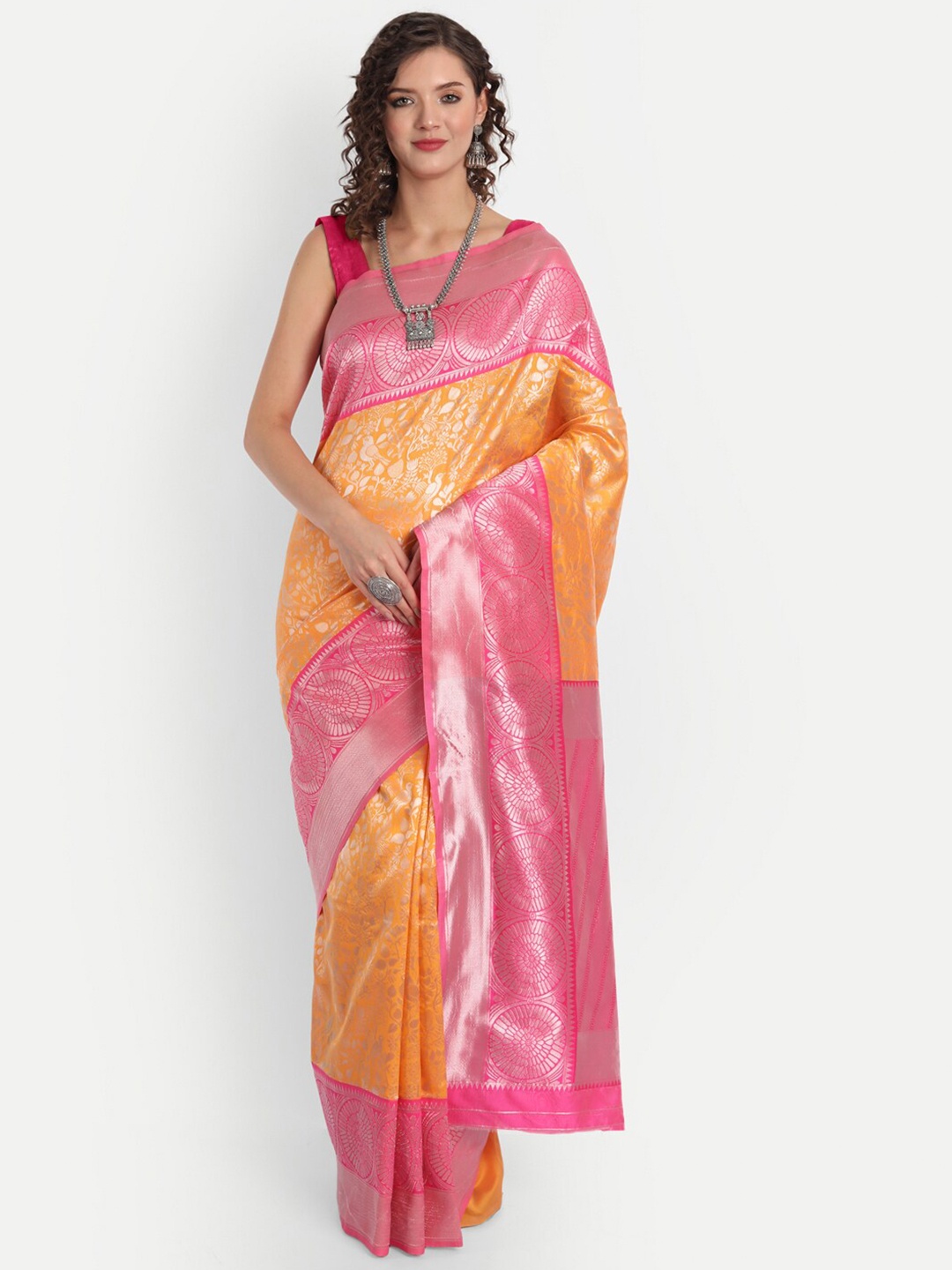 

ASPORA Ethnic Motifs Woven Design Zari Kanjeevaram Saree, Orange