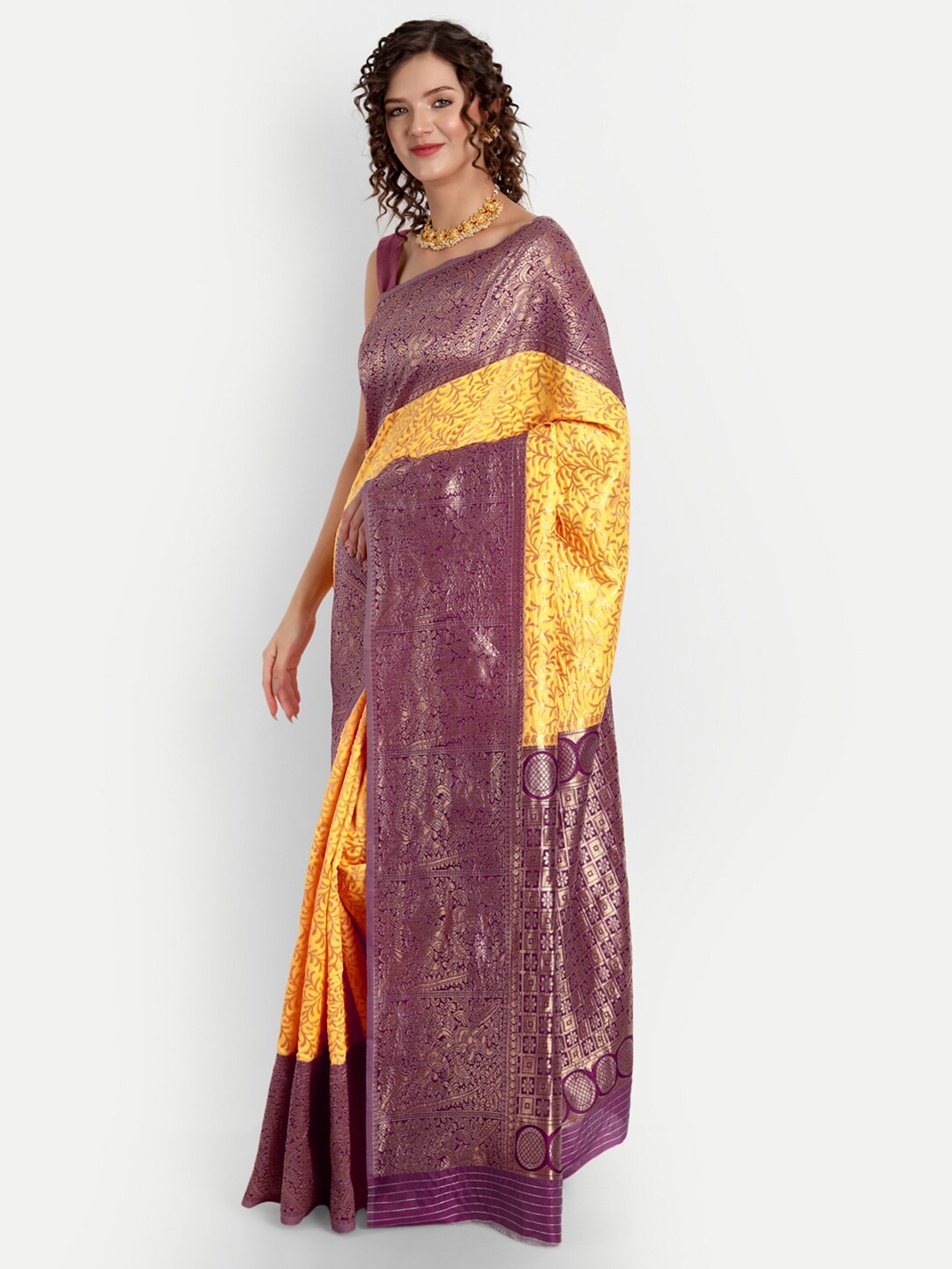 

ASPORA Ethnic Motifs Woven Design Zari Kanjeevaram Saree, Yellow