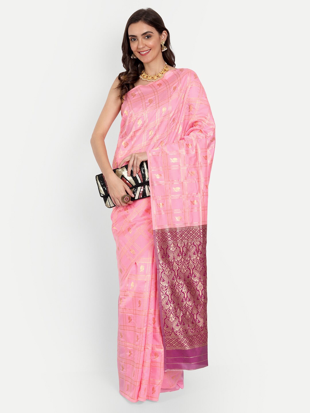 

ASPORA Ethnic Motifs Woven Design Zari Kanjeevaram Saree, Pink