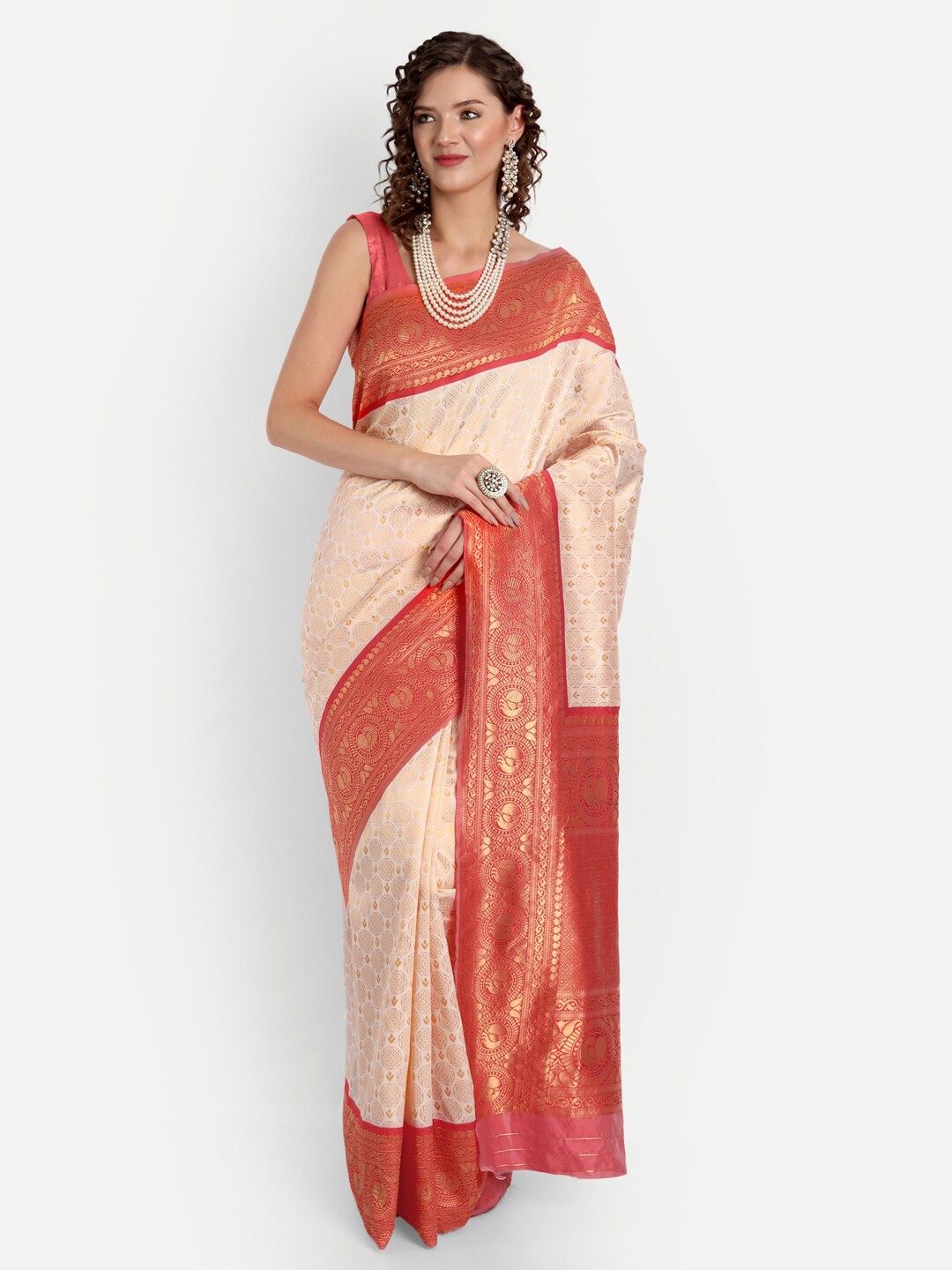 

ASPORA Ethnic Motifs Woven Design Zari Banarasi Saree, White