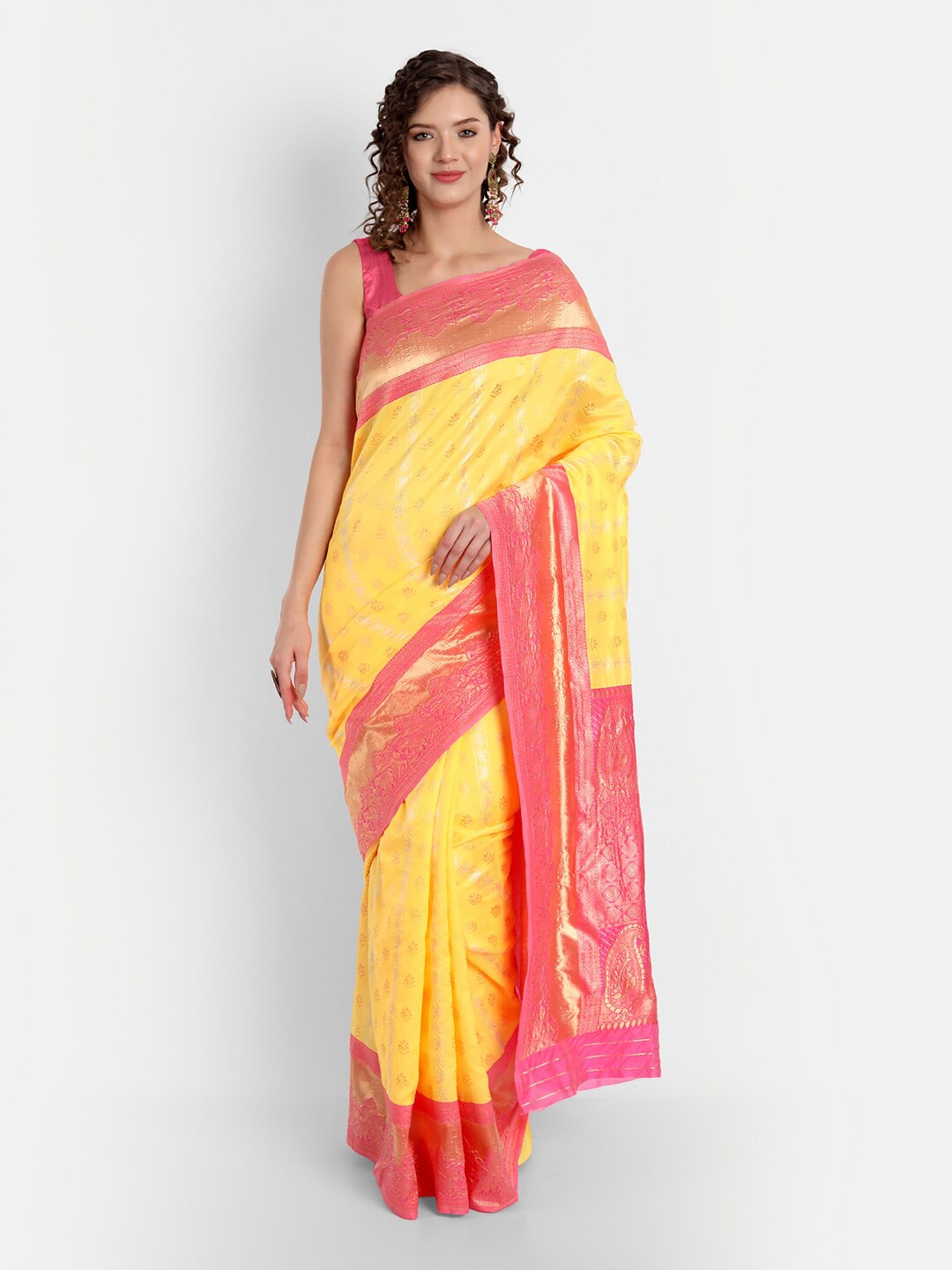 

ASPORA Ethnic Motifs Woven Design Zari Banarasi Saree, Yellow