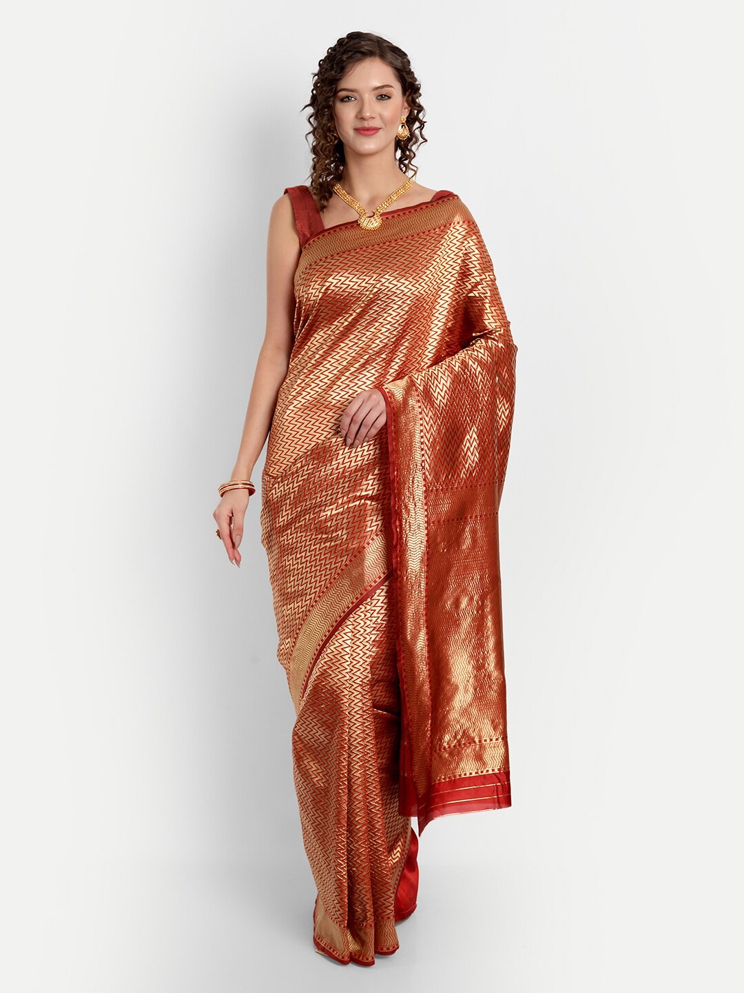 

ASPORA Chevron Woven Design Zari Kanjeevaram Saree, Red