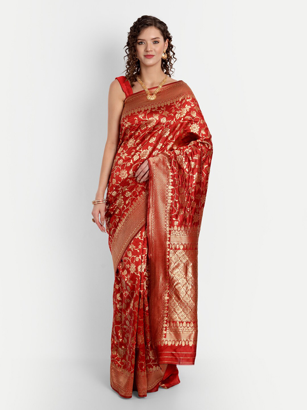 

ASPORA Floral Woven Design Zari Kanjeevaram Saree, Red