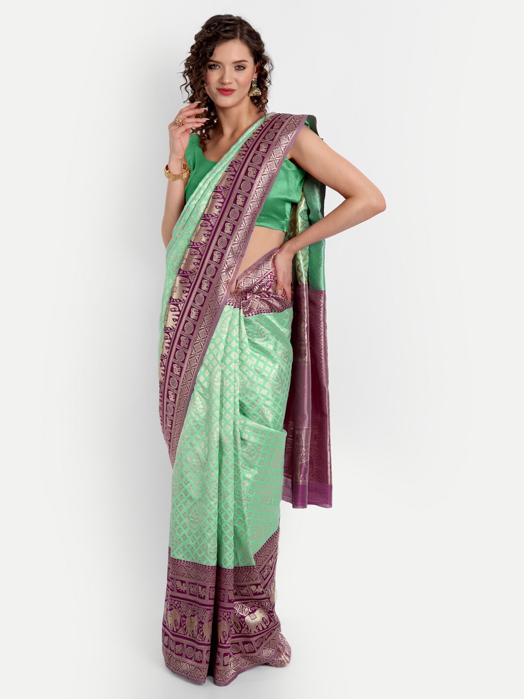

ASPORA Ethnic Motif Woven Design Zari Banarasi Saree, Green