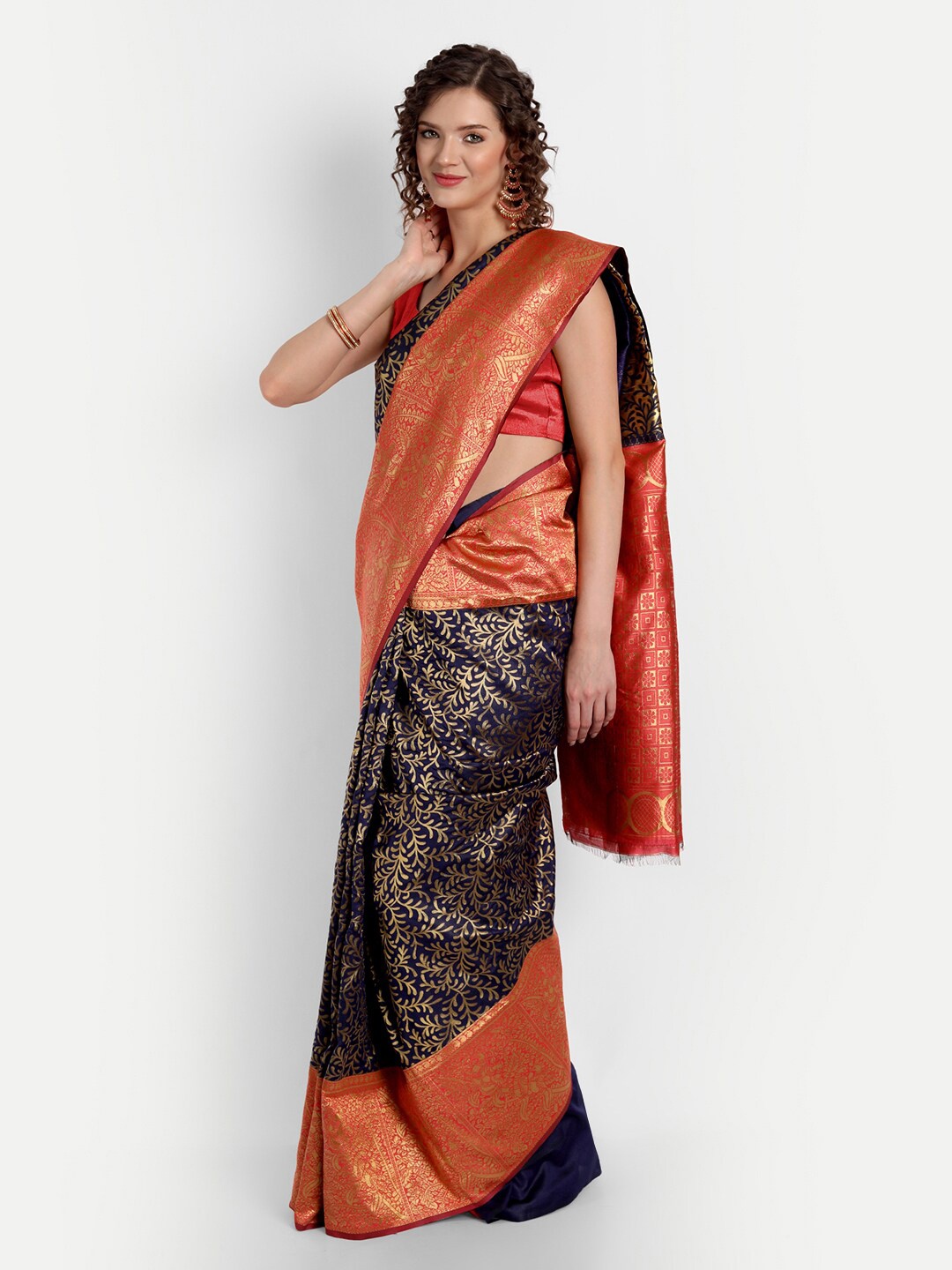 

ASPORA Floral Woven Design Zari Kanjeevaram Saree, Navy blue