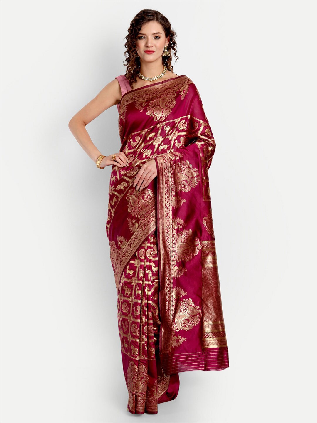

ASPORA Ethnic Motif Woven Design Zari Banarasi Saree, Magenta