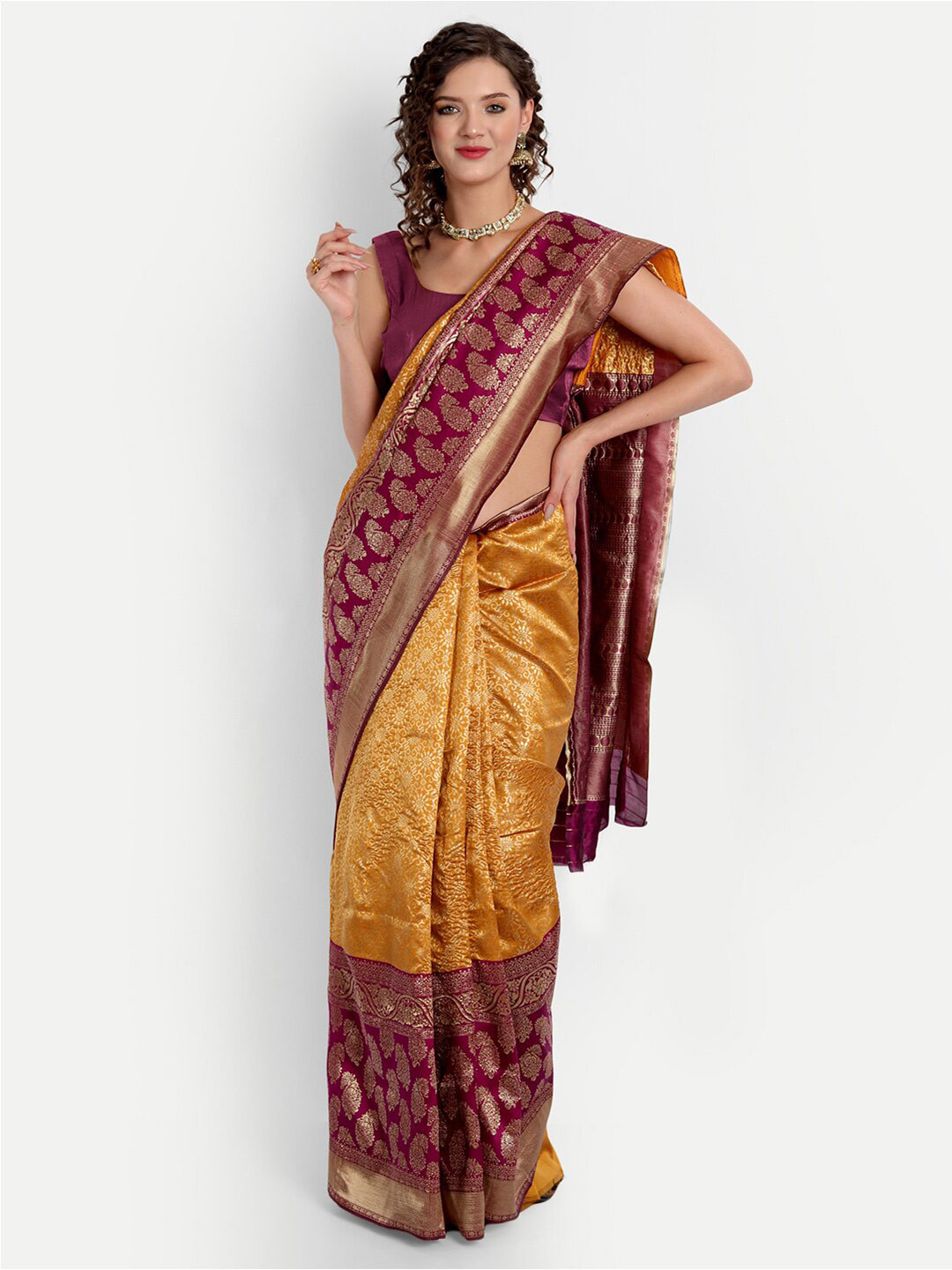 

ASPORA Woven Design Zari Silk Blend Kanjeevaram Saree, Orange