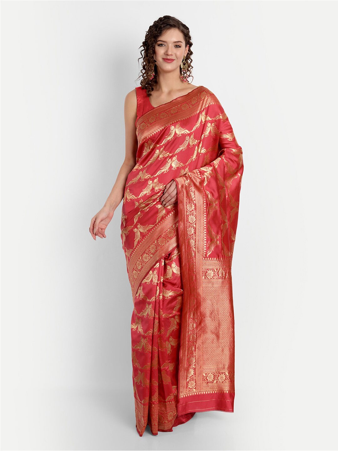 

ASPORA Woven Design Zari Silk Blend Kanjeevaram Saree, Red