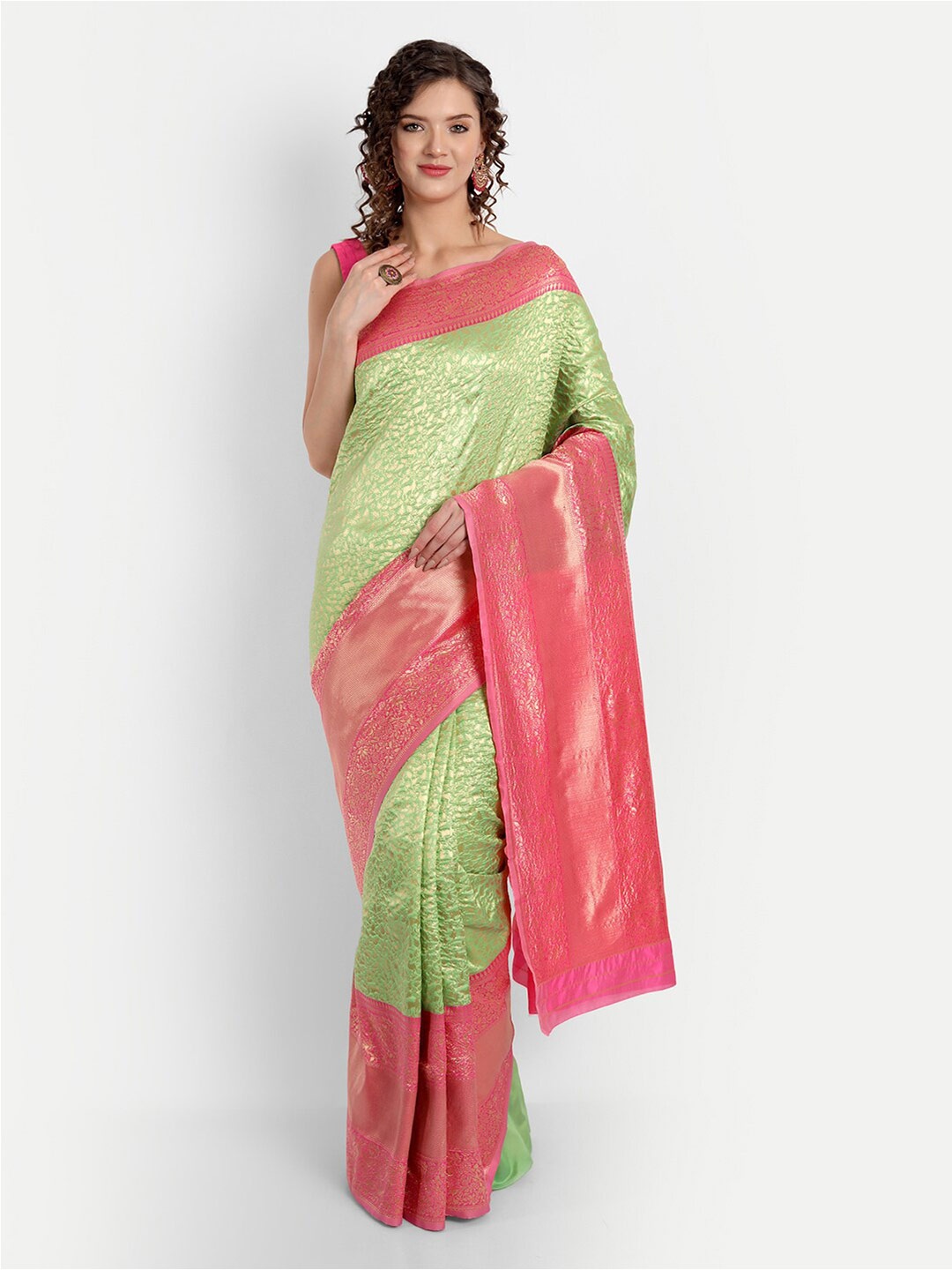 

ASPORA Woven Design Zari Silk Blend Kanjeevaram Saree, Green