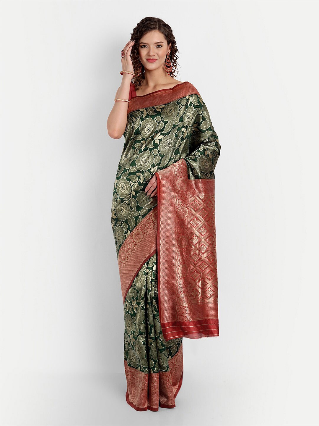 

ASPORA Woven Design Zari Silk Blend Banarasi Saree, Green