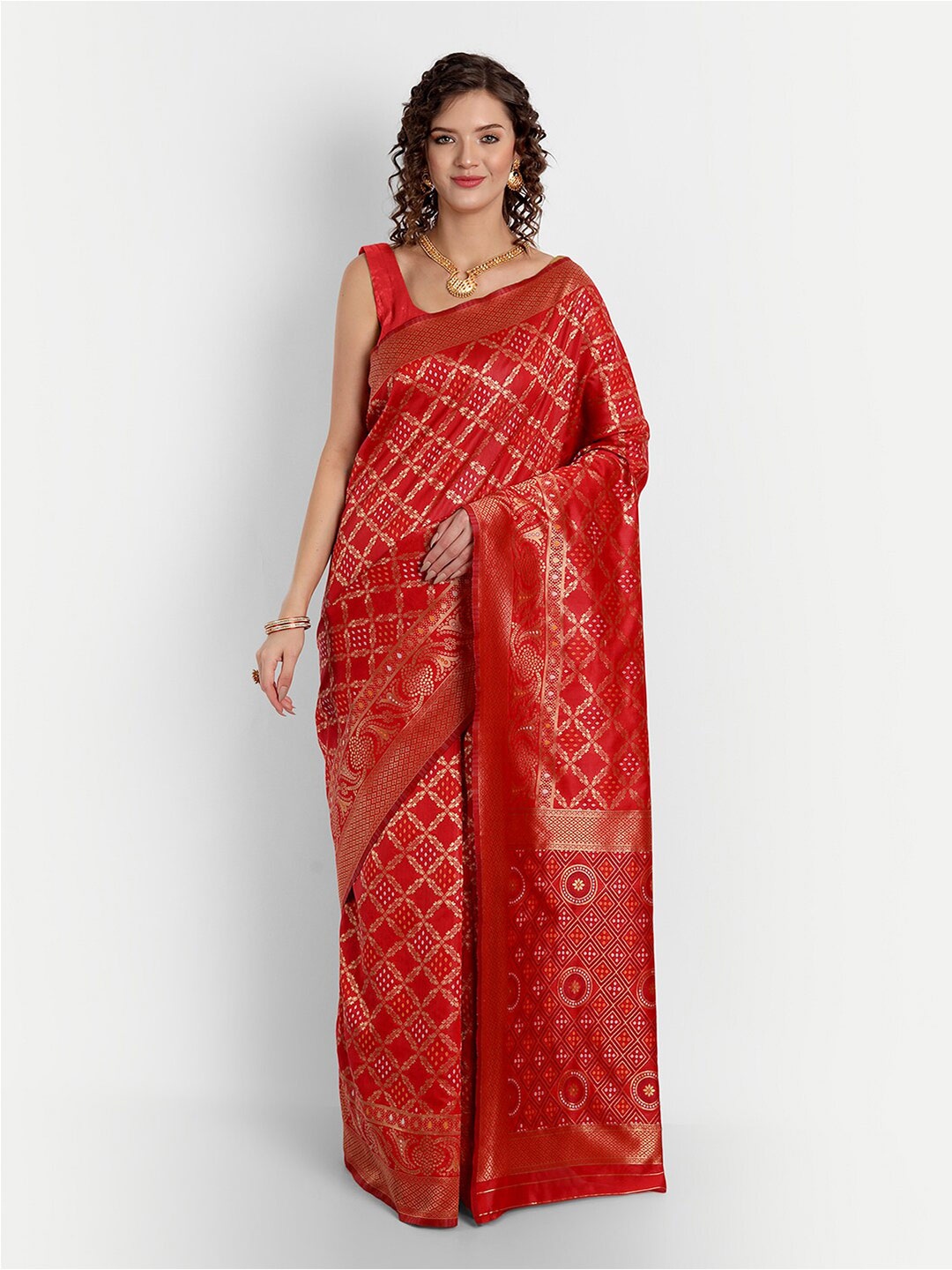

ASPORA Bandhani Zari Silk Blend Banarasi Saree, Red