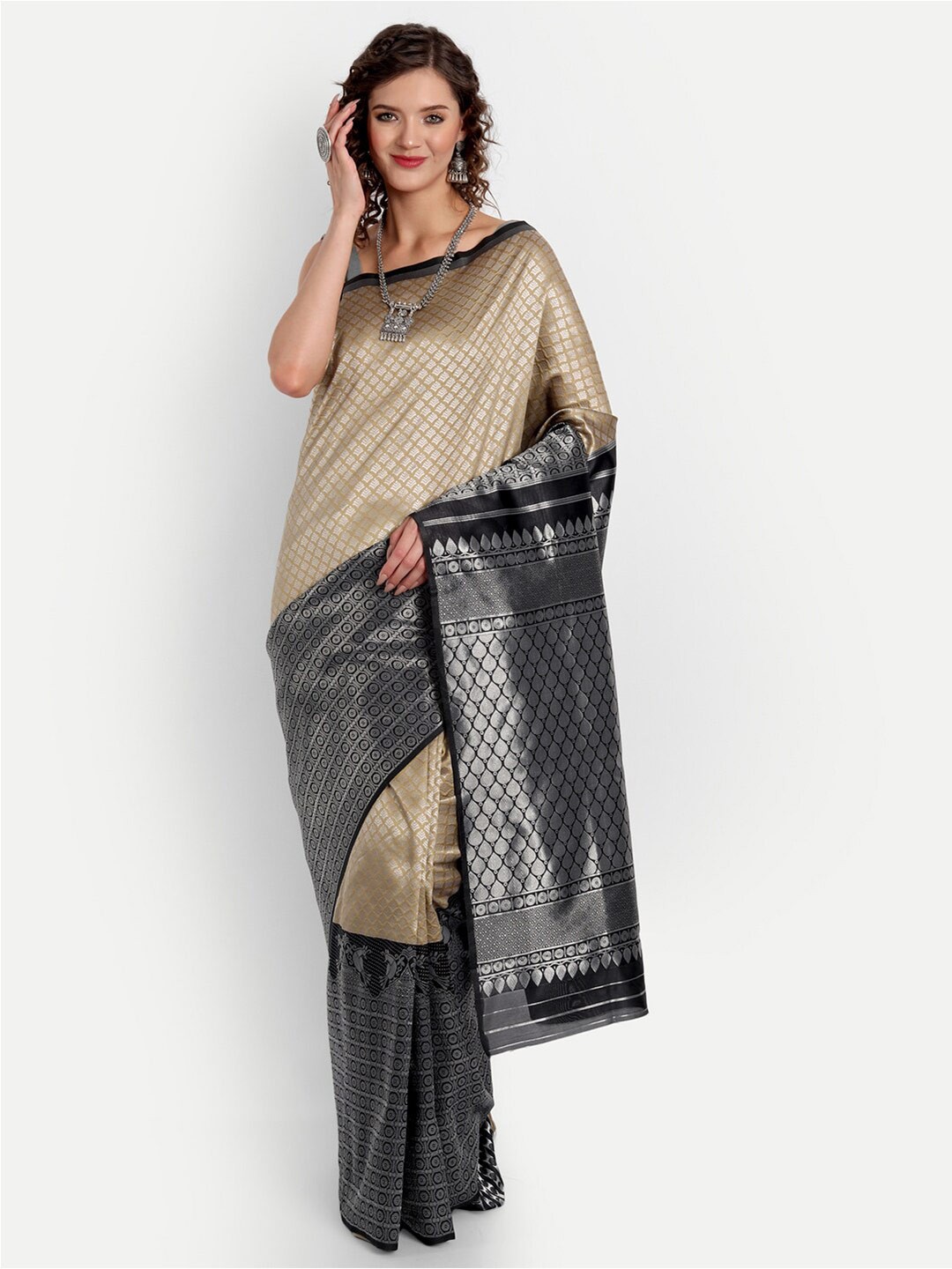 

ASPORA Woven Design Zari Silk Blend Kanjeevaram Saree, Beige