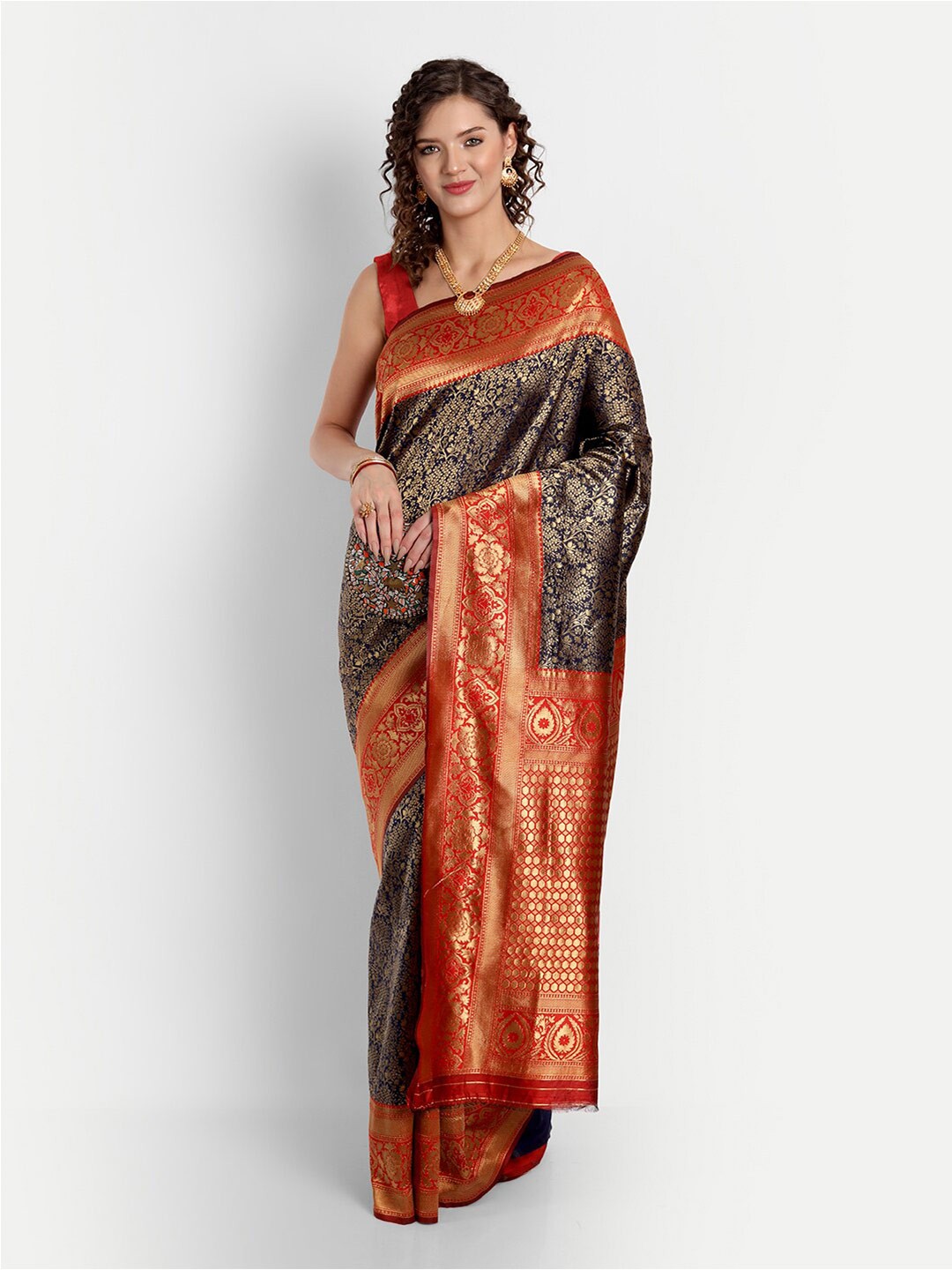 

ASPORA Ethnic Motifs Woven Design Zari Banarasi Saree, Navy blue