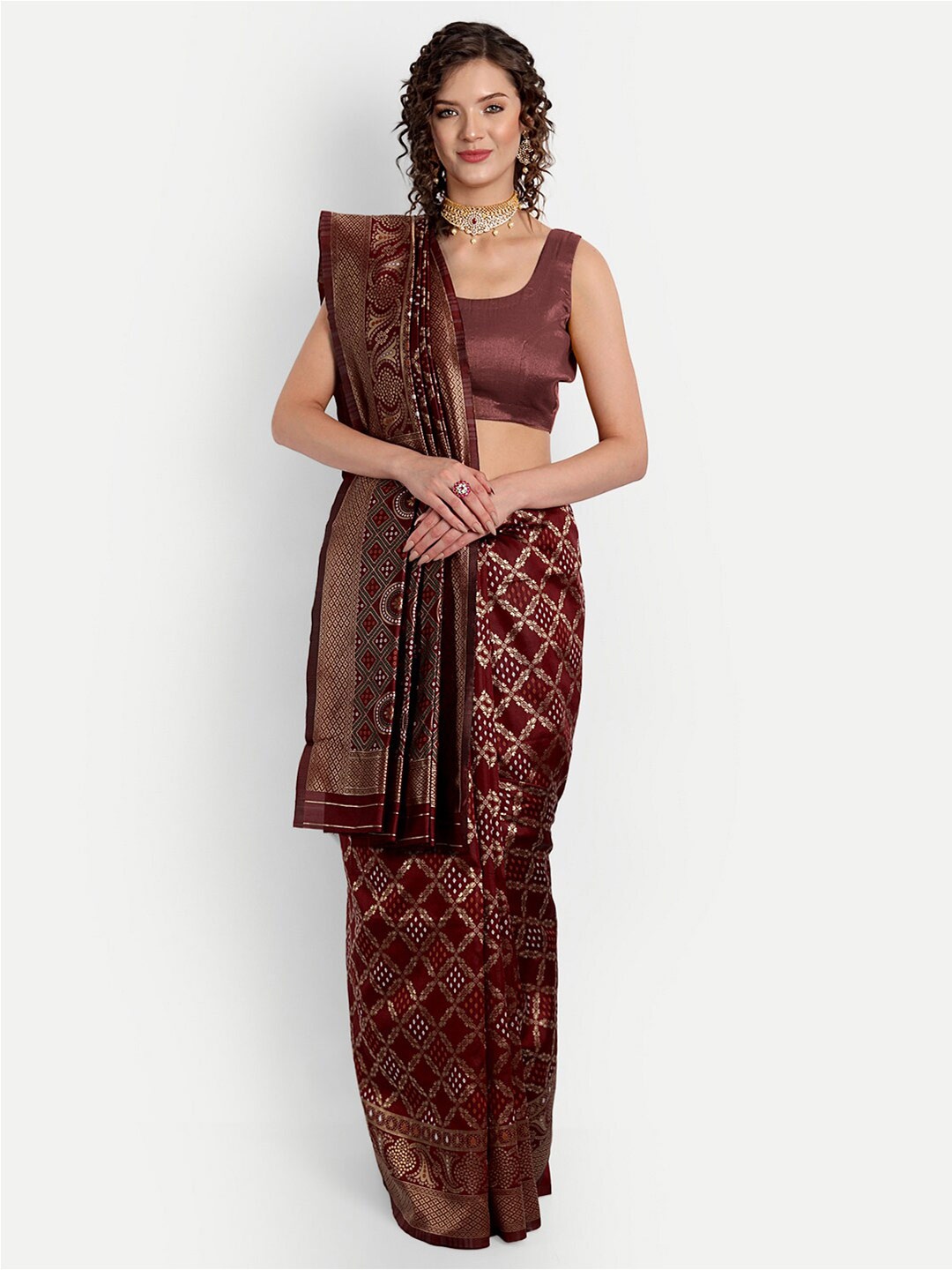 

ASPORA Bandhani Woven Design Zari Kanjeevaram Saree, Maroon