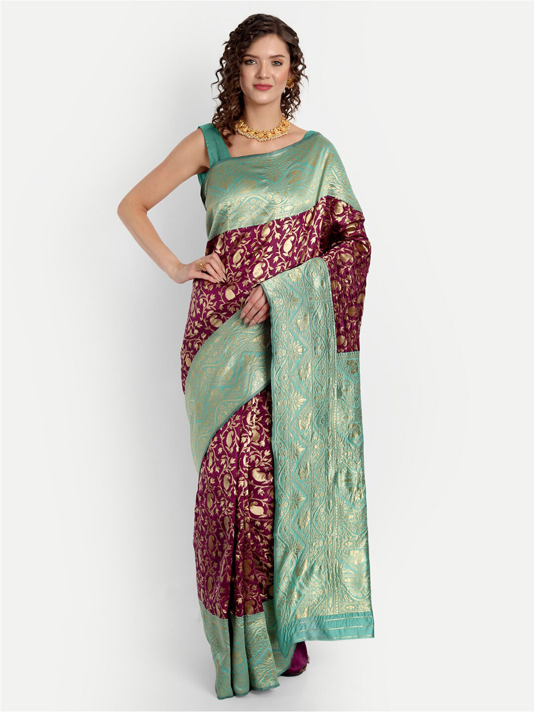 

ASPORA Purple & Blue Ethnic Motifs Woven Design Zari Kanjeevaram Saree