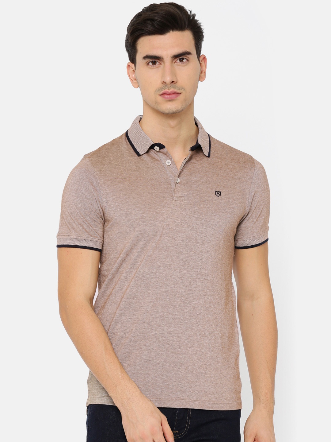 

Jack Jones Men Brown Self Design Polo Collar Pure Cotton T-shirt