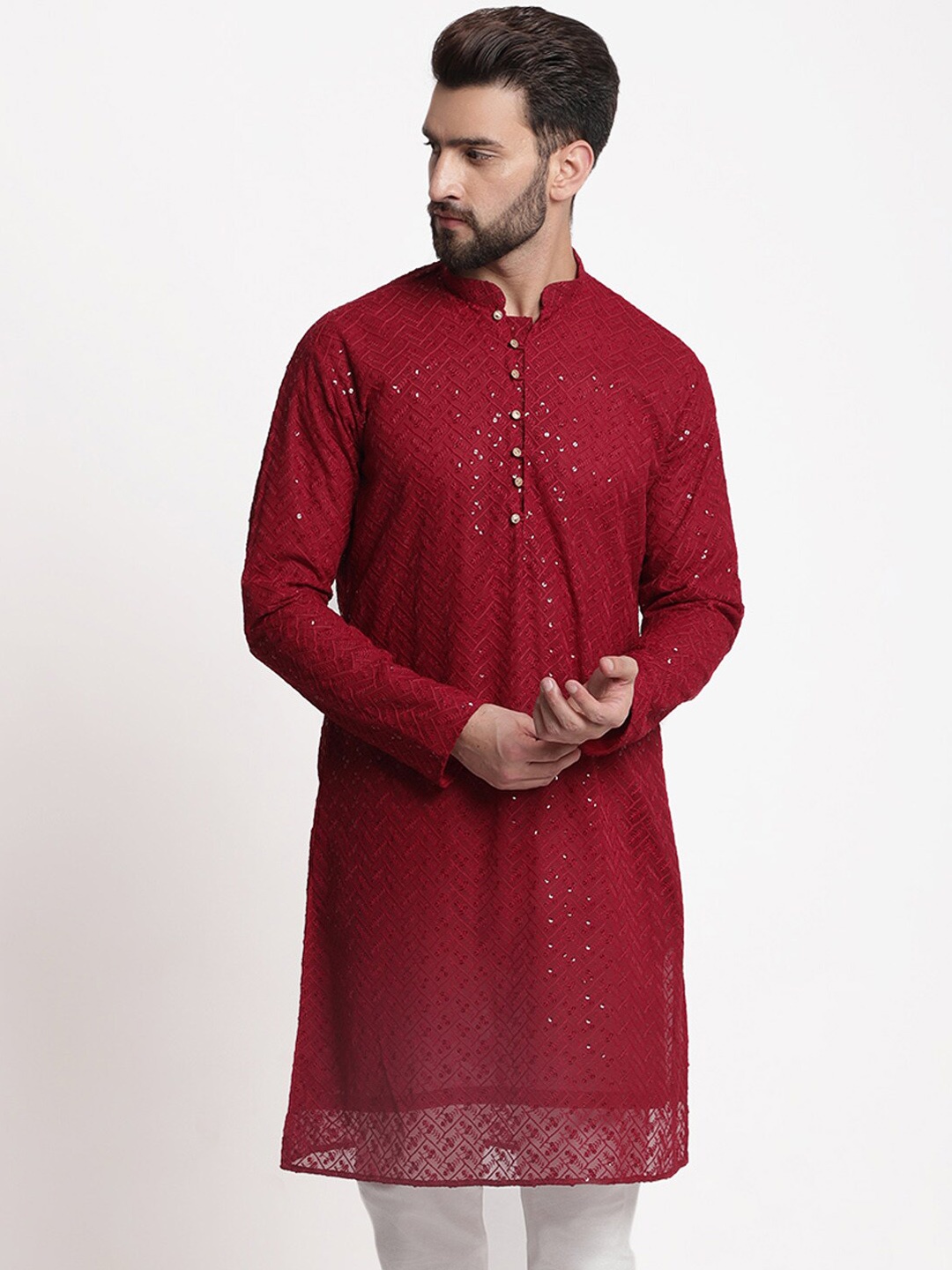 

TREEMODA Woven Design Mandarin Collar Long Sleeves Pure Cotton Kurta, Maroon