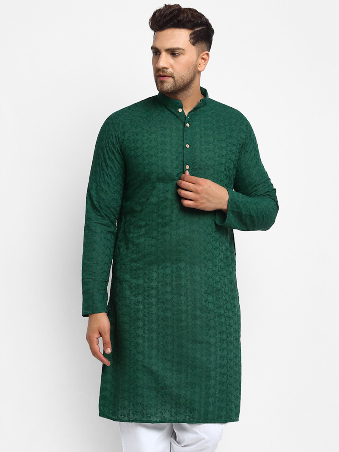 

TREEMODA Woven Design Mandarin Collar Long Sleeves Pure Cotton Kurta, Green
