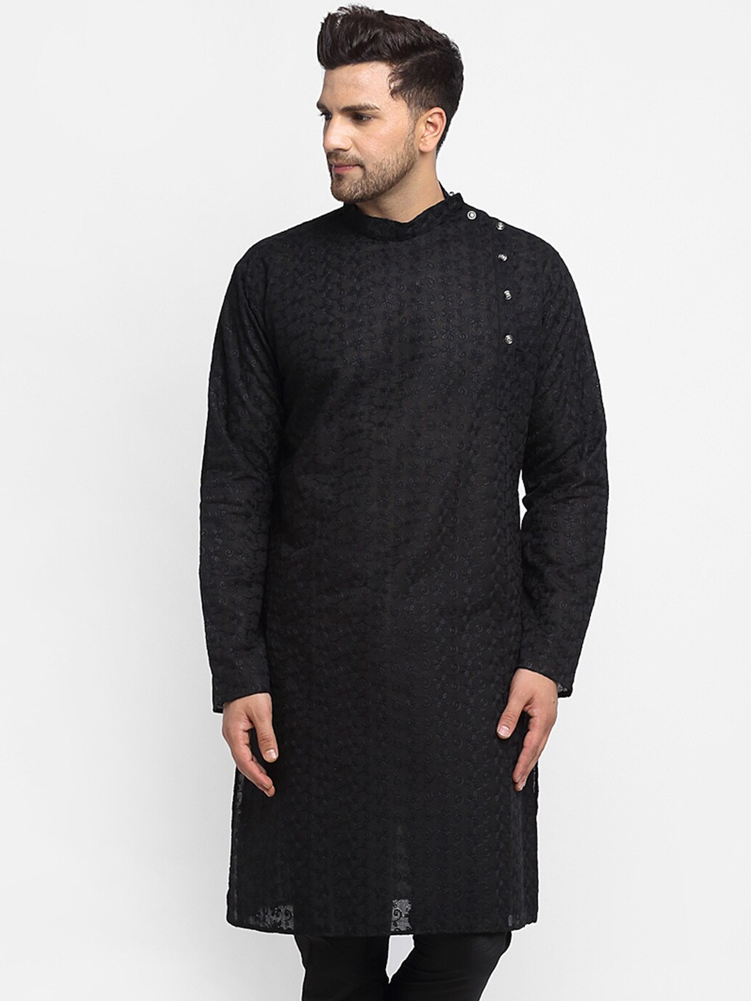 

TREEMODA Woven Design Mandarin Collar Long Sleeves Pure Cotton Kurta, Black