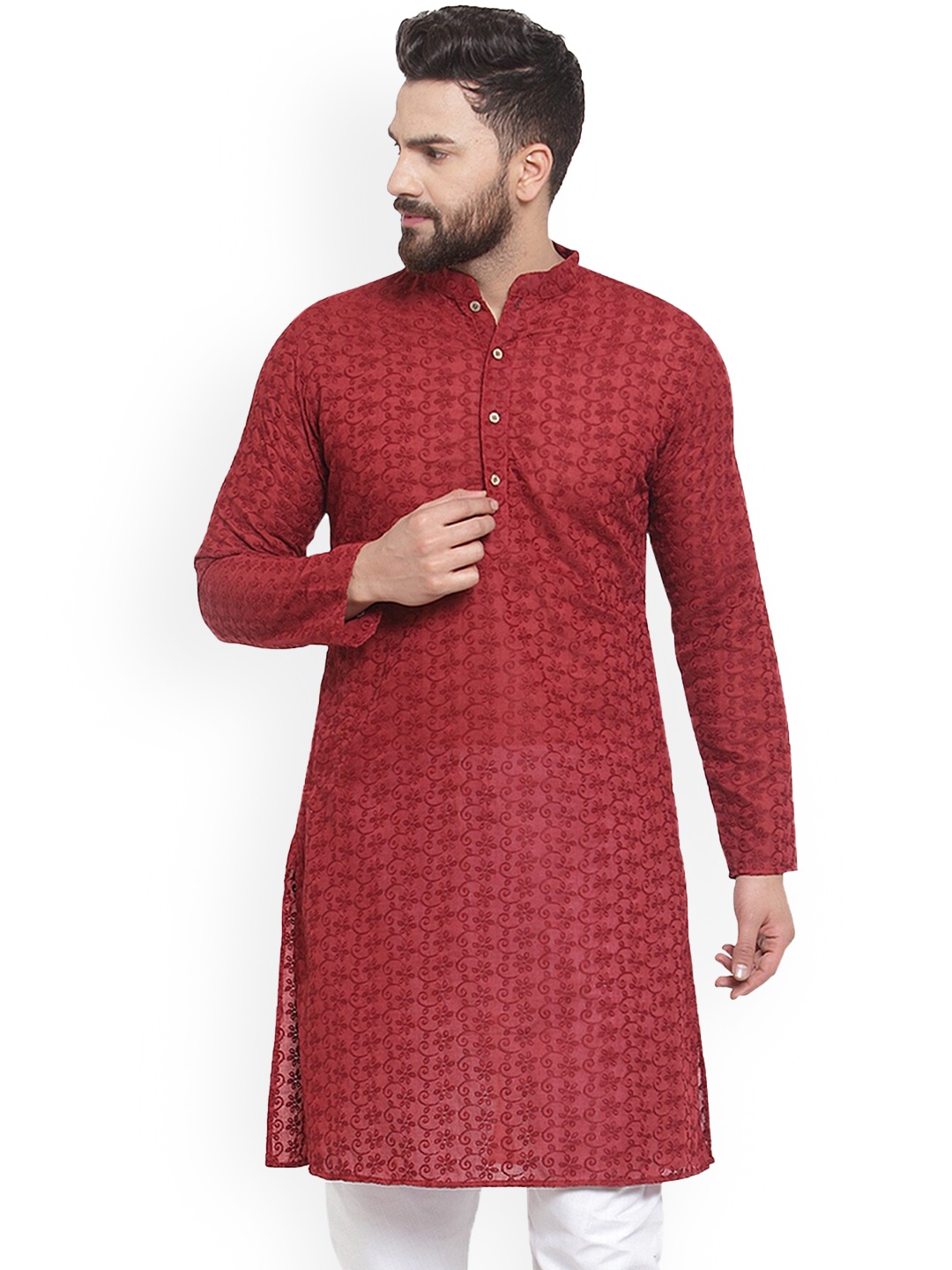 

TREEMODA Woven Design Mandarin Collar Long Sleeves Pure Cotton Kurta, Maroon