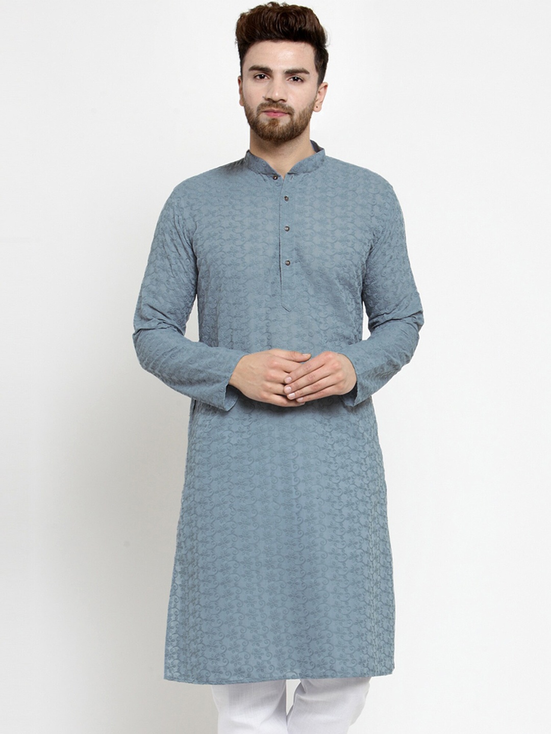 

TREEMODA Floral Embroidered Mandarin Collar Chikankari Pure Cotton Straight Kurta, Grey