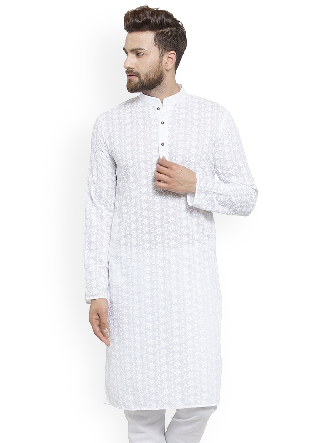 

TREEMODA Floral Embroidered Mandarin Collar Chikankari Pure Cotton Straight Kurta, White