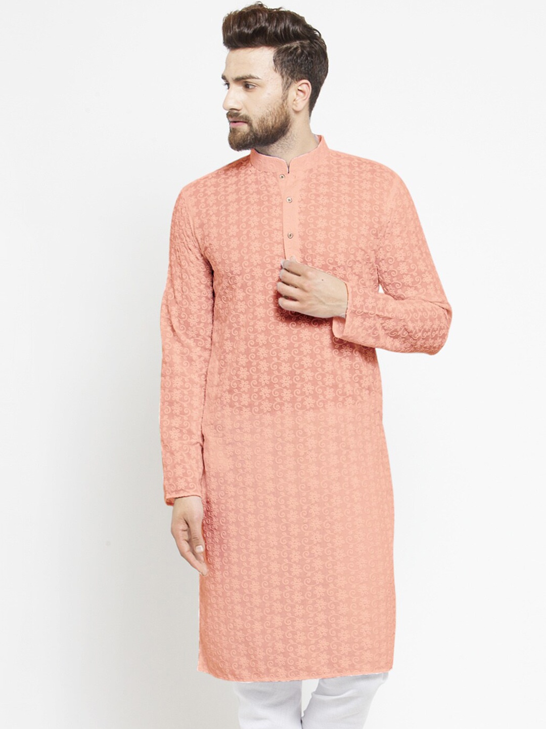 

TREEMODA Floral Embroidered Mandarin Collar Chikankari Pastel Pure Cotton Straight Kurta, Peach