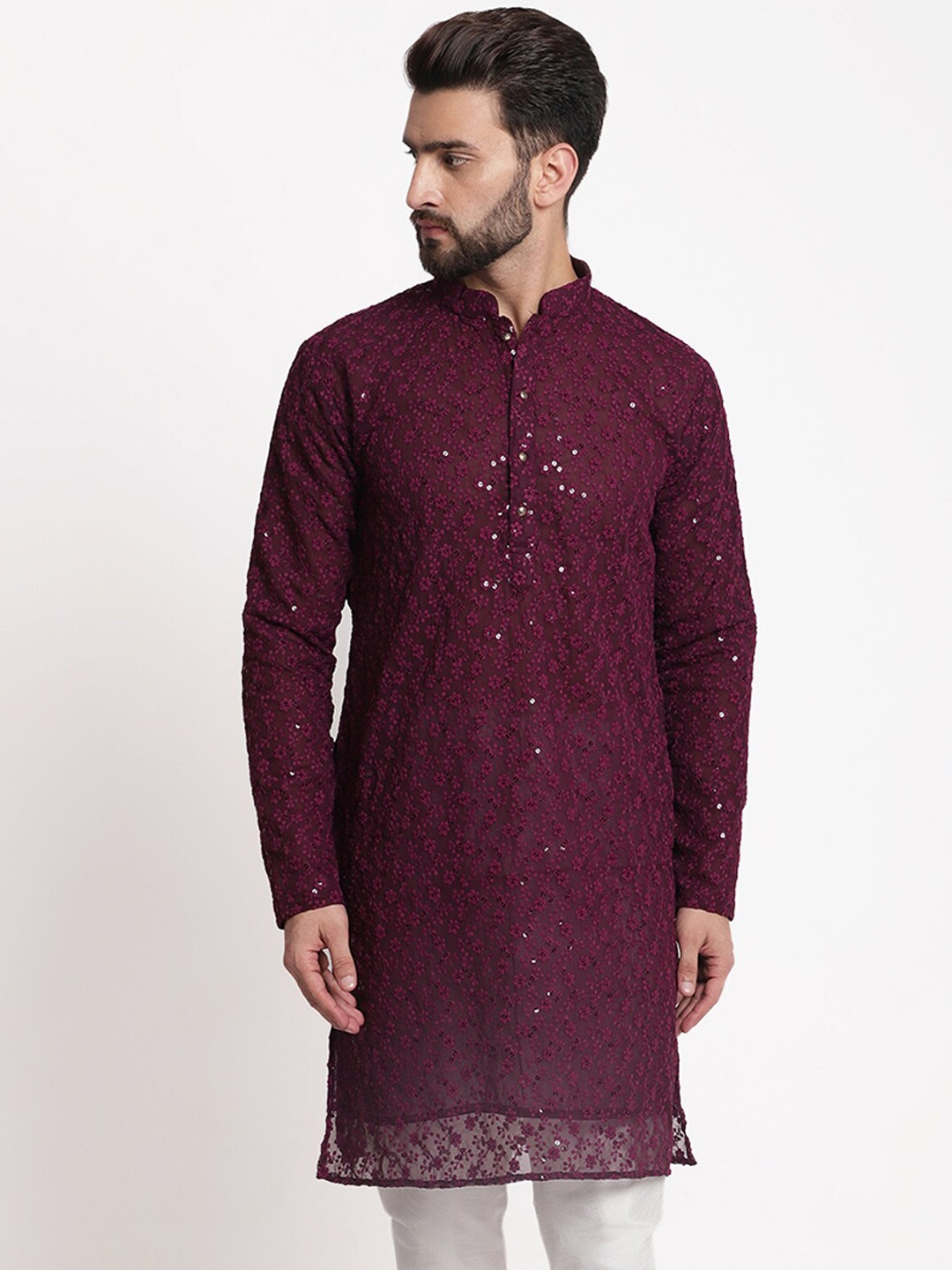 

TREEMODA Floral Embroidered Mandarin Collar Chikankari Sequined Pure Cotton Straight Kurta, Burgundy