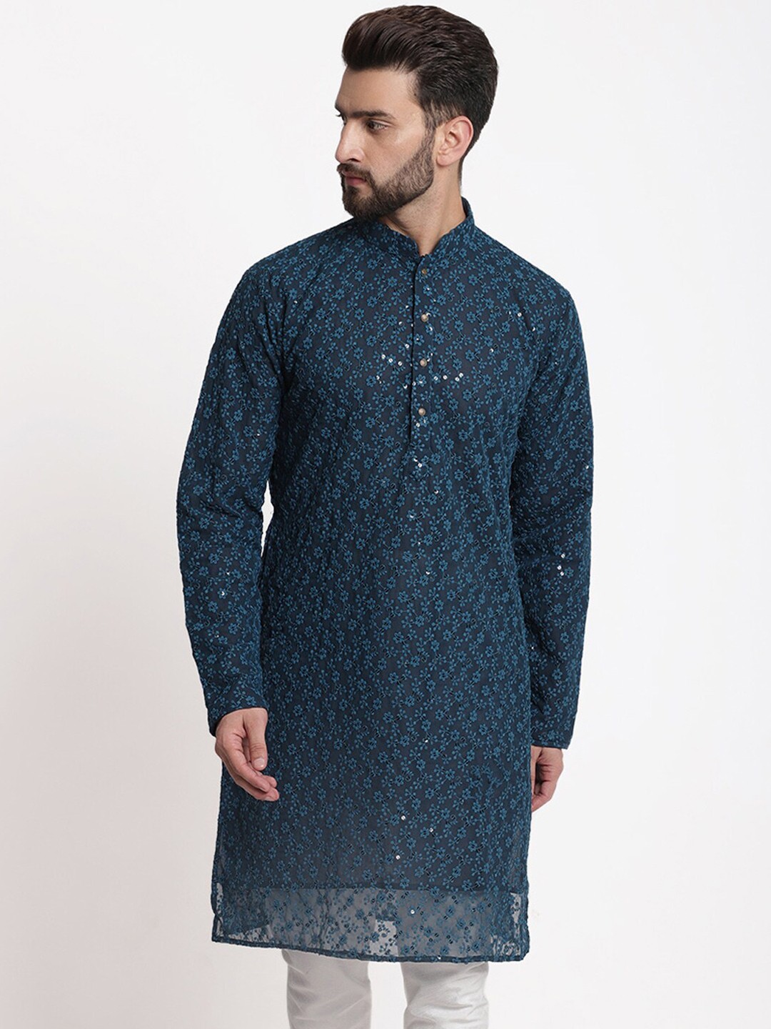 

TREEMODA Floral Embroidered Mandarin Collar Cotton Straight Kurta, Blue