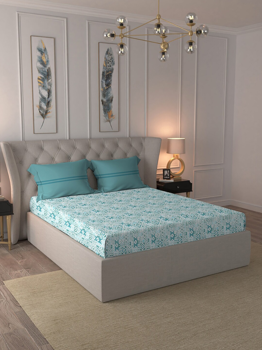 

MYTRIDENT Comfort Living Green White Pure Cotton 120TC Queen Bedsheet with 2 Pillow Covers