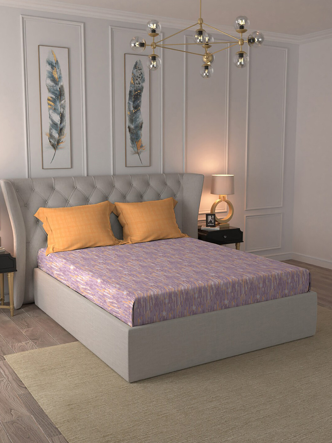 

MYTRIDENT Comfort Living Purple Orange Cotton 120 TC Queen Bedsheet with 2 Pillow Covers