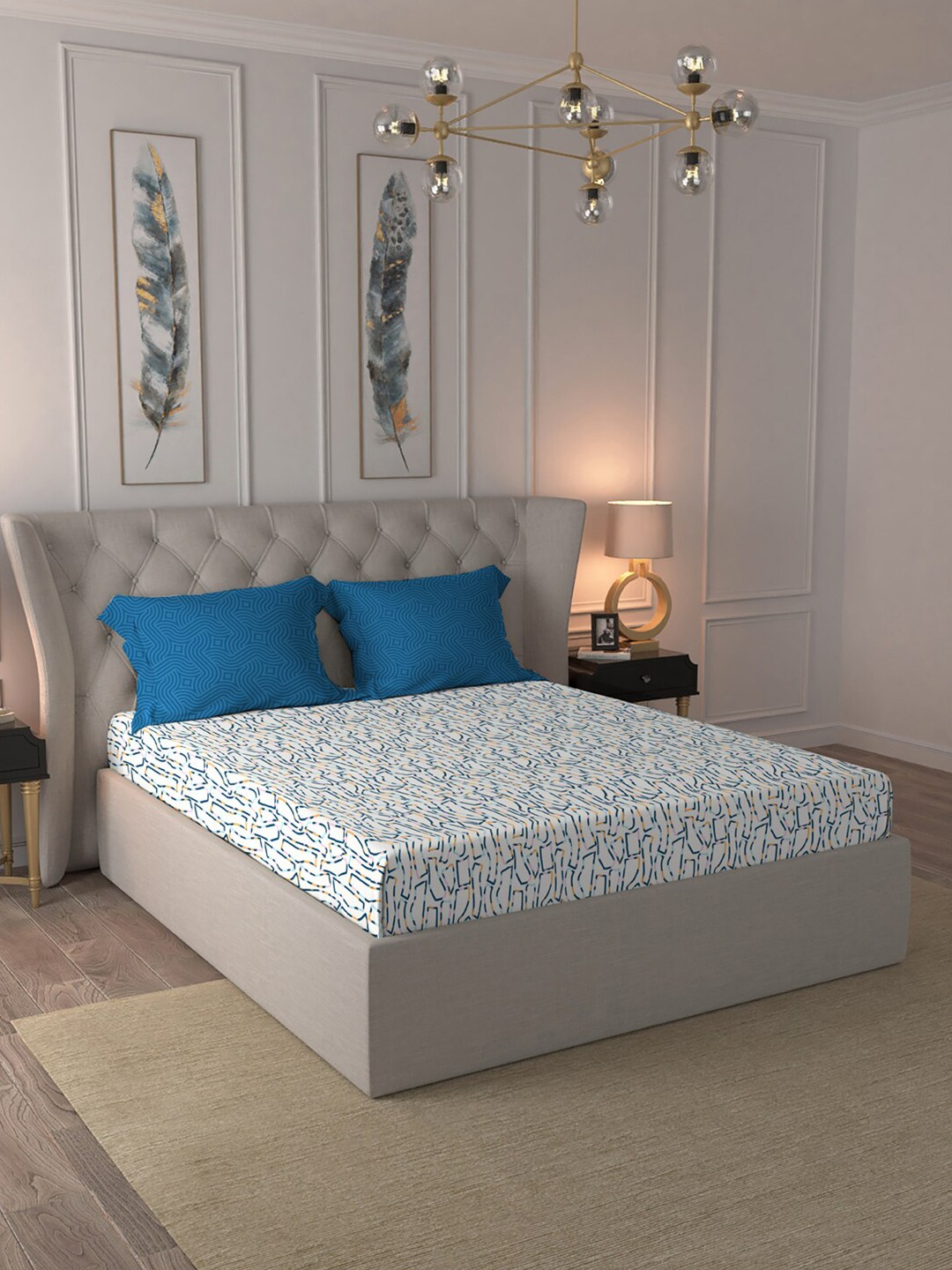 

MYTRIDENT Comfort Living Blue White Pure Cotton 120 TC Queen Bedsheet with 2 Pillow Covers