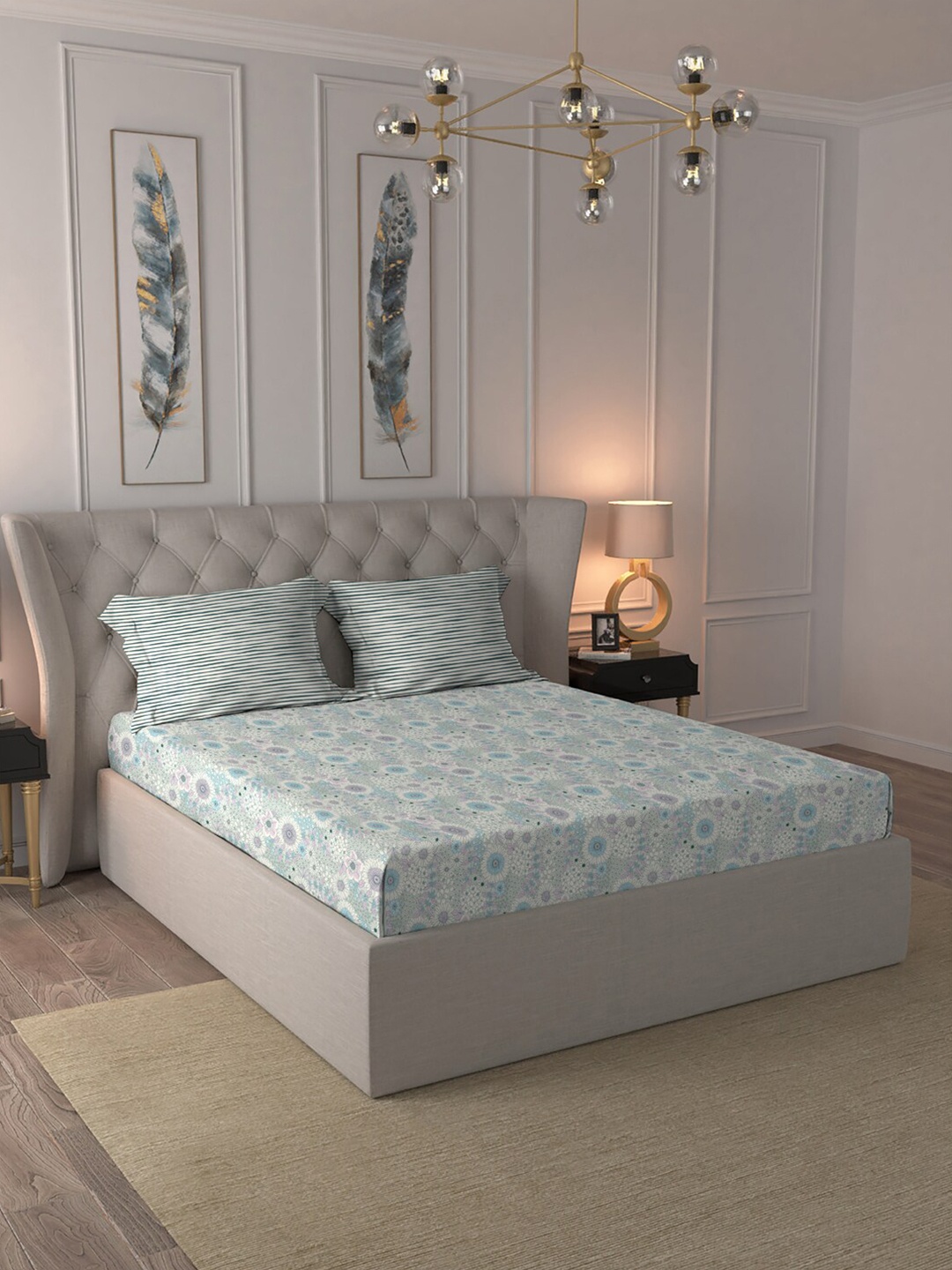 

MYTRIDENT Comfort Living Blue Floral Cotton 120 TC Queen Bedsheet with 2 Pillow Covers