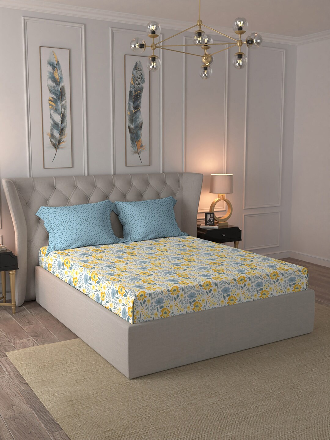 

MYTRIDENT Comfort Living Blue Yellow Floral Cotton 120 TC Queen Bedsheet 2 Pillow Covers