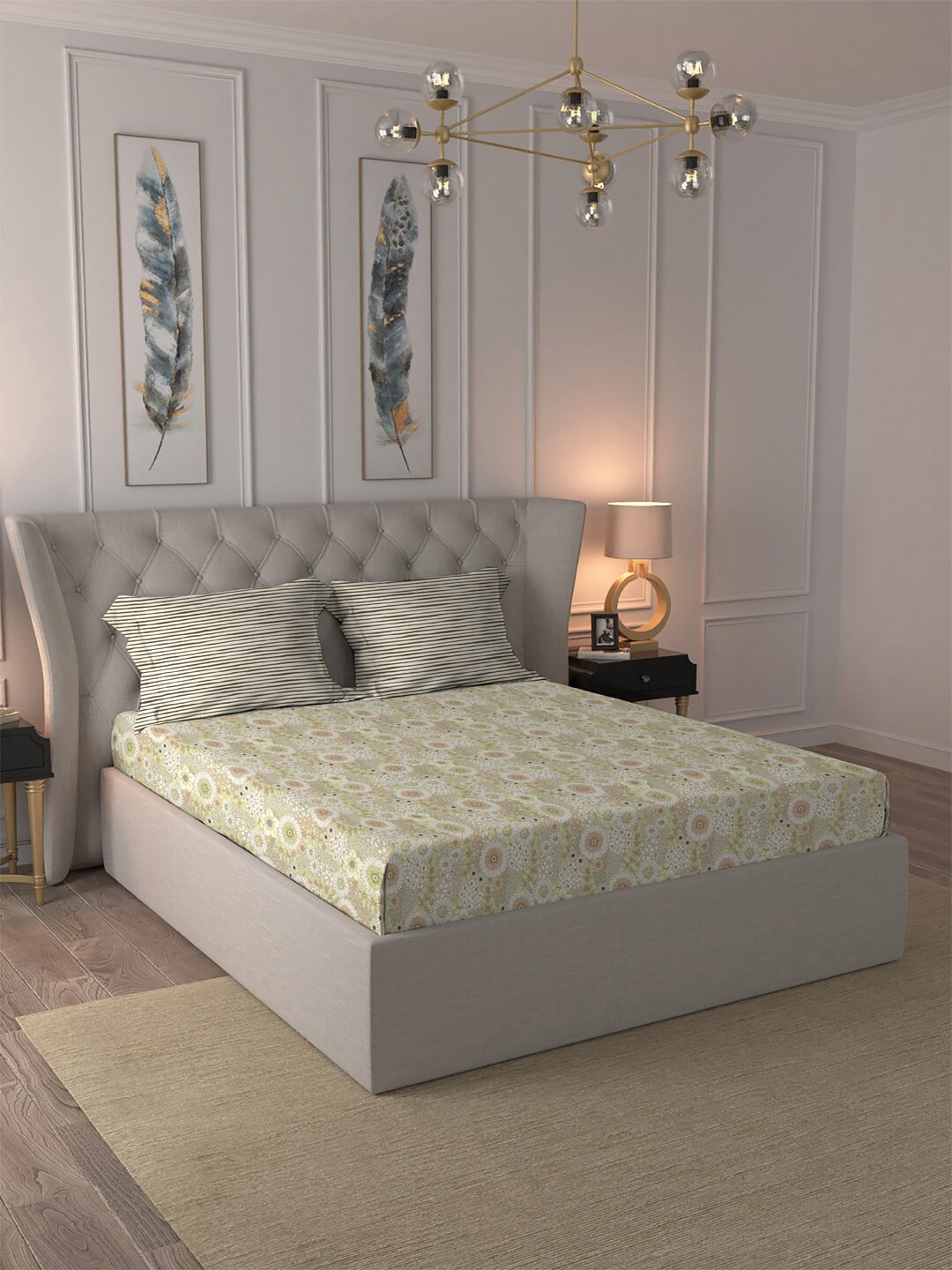 

MYTRIDENT Comfort Living Green White Floral Cotton 120 TC Queen Bedsheet 2 Pillow Covers