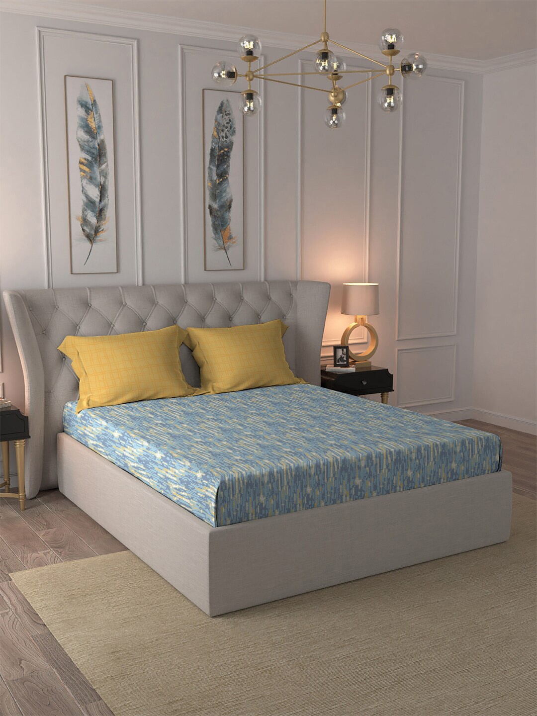 

MYTRIDENT Comfort Living Blue White Printed Cotton 120 TC Queen Bedsheet 2 Pillow Covers