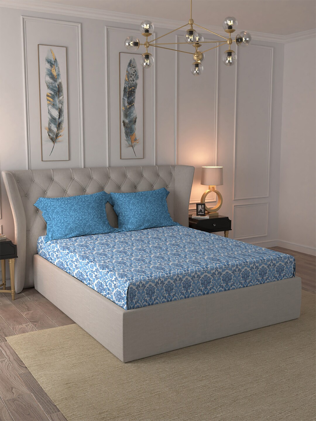 

MYTRIDENT Blue White Ethnic Motifs Pure Cotton 120 TC Queen Bedsheet With 2 Pillow Covers