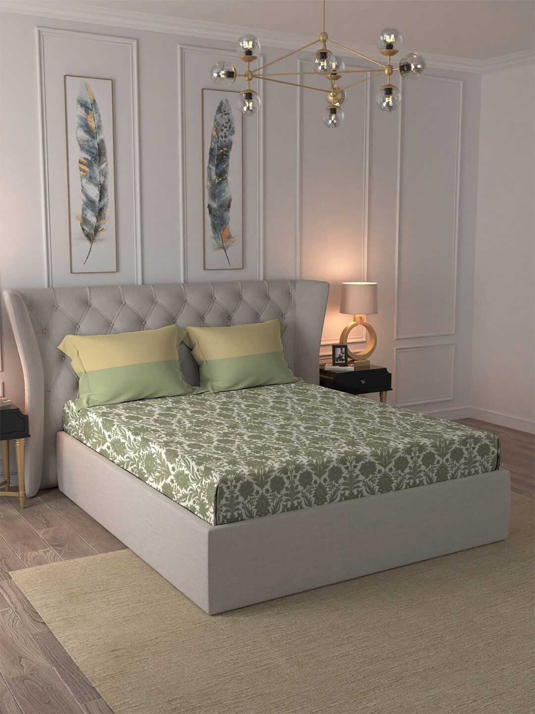 

MYTRIDENT Beige Green Floral Pure Cotton 120 TC Queen Bedsheet With 2 Pillow Covers