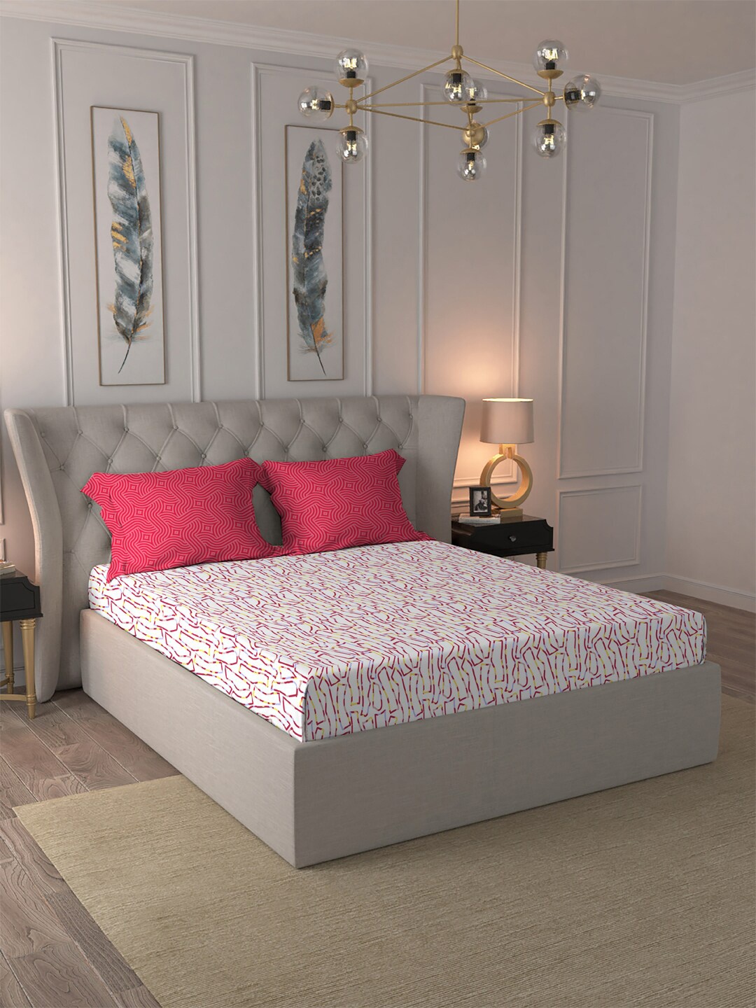 

MYTRIDENT Pink White Printed Pure Cotton 120 TC Queen Bedsheet With 2 Pillow Covers