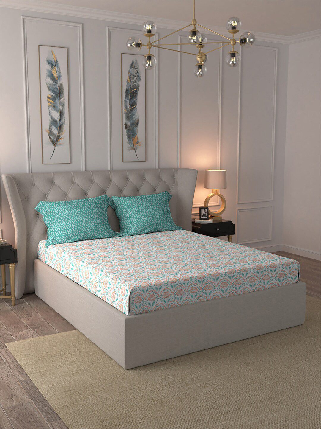 

MYTRIDENT Orange Blue Ethnic Motifs Pure Cotton 120 TC Queen Bedsheet With 2 Pillow Covers