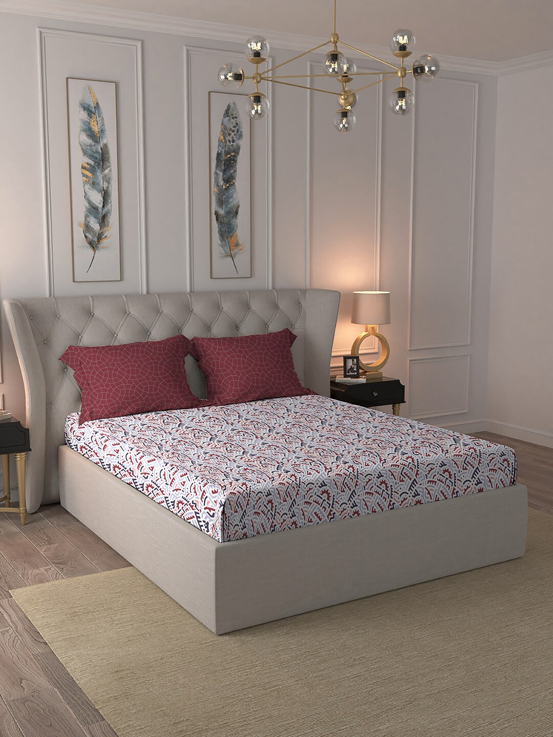 

MYTRIDENT Red White Geometric Pure Cotton 120 TC Queen Bedsheet With 2 Pillow Covers